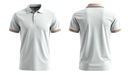 Front and back views of a white polo shirt with tan accents on collar and sleeves