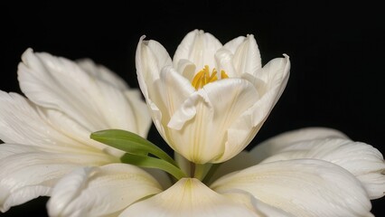Fototapeta premium A close-up, detailed view of a pristine white tulip's delicate petals, showcasing intricate textures and a soft, elegant aura against a dark backdrop.