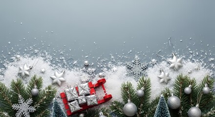 A festive Christmas scene, featuring decorative elements of the holiday with a miniature sleigh and wrapped gifts arranged against a snowy backdrop, evoking the spirit of the season.