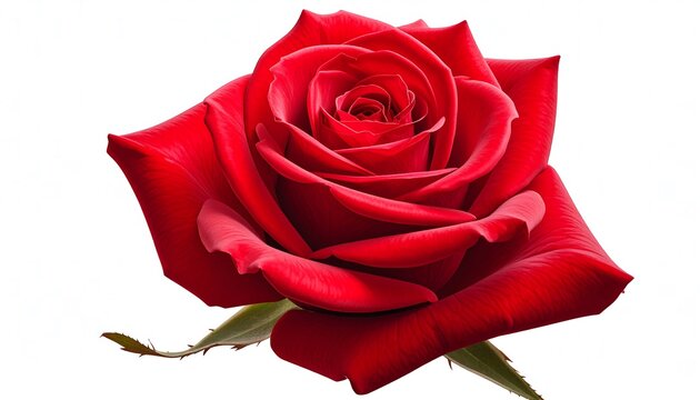 A vibrant red rose blossom with many layers of petals is isolated against a clean white background, with some greenery