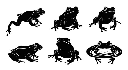 Collection of Six Black Frog Silhouettes in Various Poses.