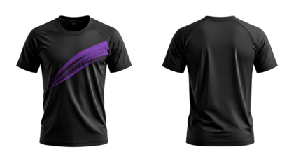 Black athletic shirt, front and back views, with purple diagonal stripe design