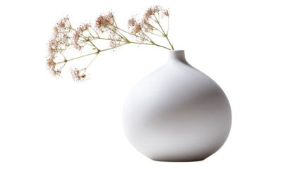 White ceramic vase with dried flowers, minimal home decor on transparent background, contemporary style