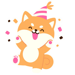 Happy puppy wearing a party hat and celebrating with confetti, perfect for birthday cards, party graphics, invitations, cute stickers, joyful themes, and children’s designs.
