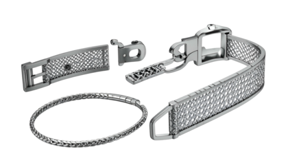 Silver jewelry components, disassembled showing intricate woven designs and clasps