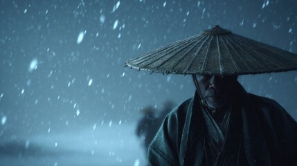 Man Wearing Traditional Asian Attire with Straw Hat Standing in Heavy Rain at Night