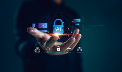AI security concept with lock icon on digital interface in hand. Protecting artificial intelligence data, privacy, and cybersecurity with futuristic technology. Secure innovation and smart system.