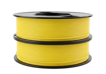 Two spools of bright yellow filament for 3d printing isolated on transparent background