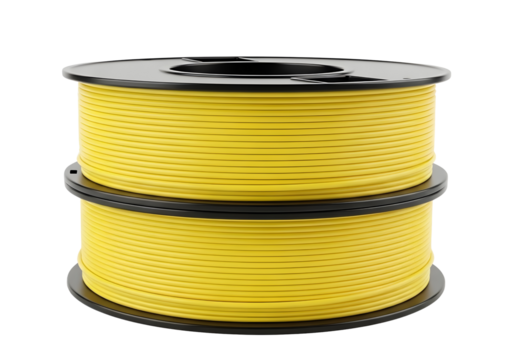 Two spools of bright yellow filament for 3d printing isolated on transparent background