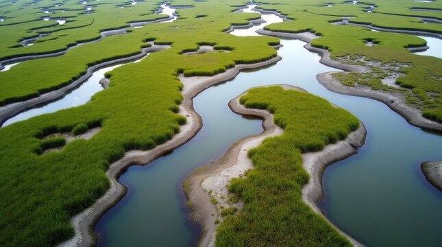 Aerial view of a lush green marsh with winding waterways