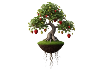 Fantasy floating apple tree with roots isolated on transparent background