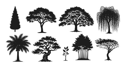 Collection of Diverse Tree Silhouettes in Various Styles.