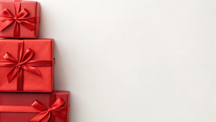 Stacked red gift boxes with bows on a light background for festive celebrations
