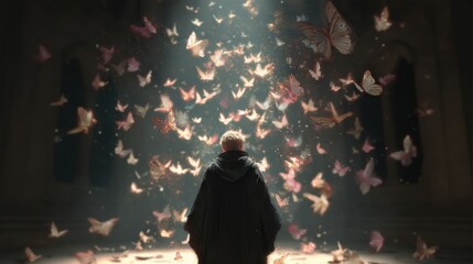 Mysterious Person Standing in Dark Space Surrounded by Bright Pink and White Butterflies and Sparkles