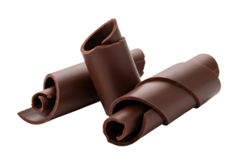 Three dark chocolate shavings rolled into curls isolated on transparent background