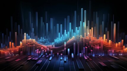 Abstract futuristic digital data stream visualization with glowing neon bars and lines representing financial or technological progress in a dark digital space - Powered by Adobe