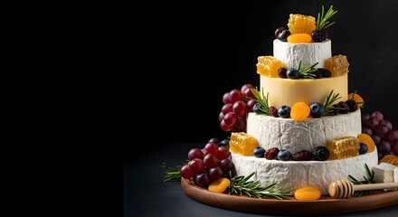 Creative cheese tower featuring layered cheese varieties on a wooden board.