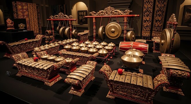 A complete traditional Indonesian Gamelan orchestra with ornate carved wood and bronze percussion instruments on display.