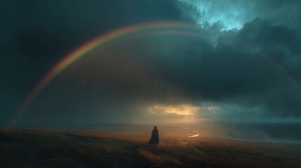 Mysterious Woman Standing Under Rainbow and Stormy Sky in Open Landscape