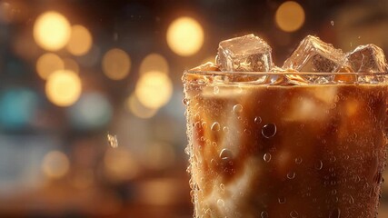 Refreshing cold soda drink in glass with ice cubes, showing fizzy carbonated bubble action and condensation against beautiful warm blurred bokeh background - Powered by Adobe