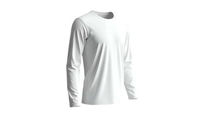 A blank white long-sleeved t-shirt isolated on a black background, slightly angled
