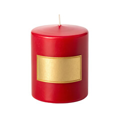 Red cylindrical candle with gold label for decorative and festive occasions
