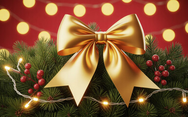 Elegant golden bow adorns festive christmas garland with twinkling lights