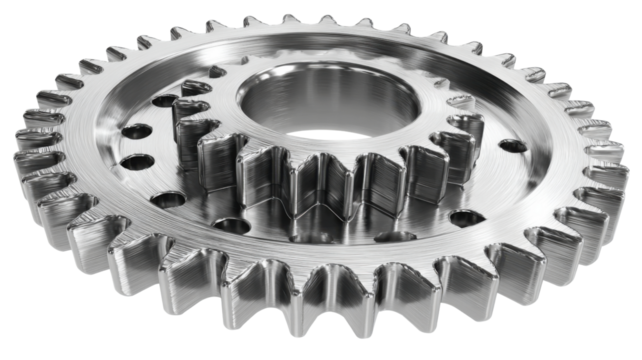 Metal gear mechanism representing industrial engineering, teamwork, and connectivity, with a precise design on a transparent background - Powered by Adobe