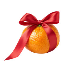 Orange fruit wrapped with a red ribbon, symbolizing festive celebrations and joy