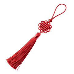 Red decorative tassel with intricate knot design and long flowing fringe for cultural significance