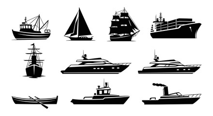 Collection of Diverse Nautical Vessels and Boats Silhouetted Against a White Background.