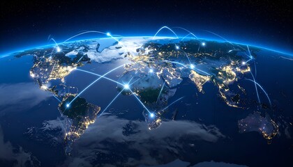 Fototapeta premium Global view with illuminated connections spanning continents, showcasing global data transfer