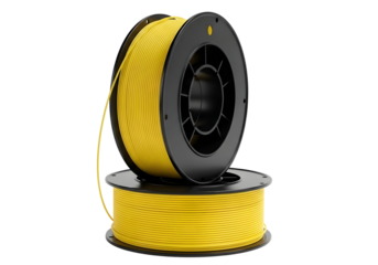 Two spools of bright yellow filament for 3d printing isolated on transparent background