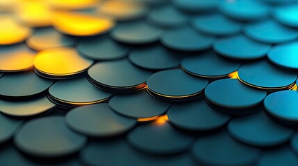 Close-up of a repeating pattern of dark blue circular shapes with a gradient of yellow and blue lighting.