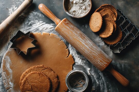 Christmas baking flat lay with gingerbread dough cutters rolling pin flour dust cooling cookies earthy brown orange tones warm moody light for recipe blog cookbook holiday packaging social media

