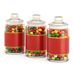 Colorful candy jars filled with assorted sweets and decorative red labels for display