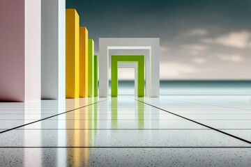 An abstract image featuring colorful columns and arches on a reflective floor, with a blurred background of the sea and sky.
