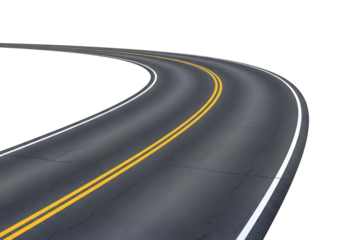 Curving asphalt road with yellow lane markings isolated on transparent background