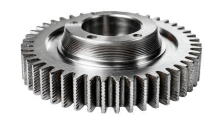 Industrial gear wheel part made of metal showing teeth, a mechanical component background removed (transparent)