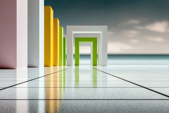 An abstract image featuring colorful columns and arches on a reflective floor, with a blurred background of the sea and sky. - Powered by Adobe