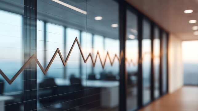Modern office interior featuring glass walls adorned with a rising graph line, symbolizing growth and progress in a corporate environment.