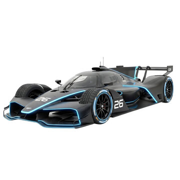 Sleek black and blue racing car isolated on transparent background