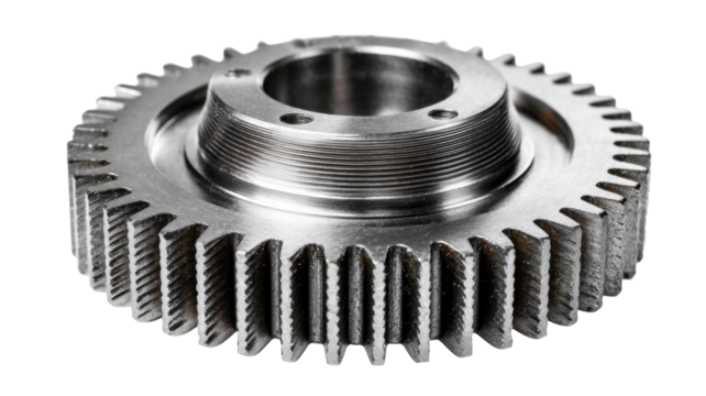 Industrial gear wheel part made of metal showing teeth, a mechanical component background removed (transparent)