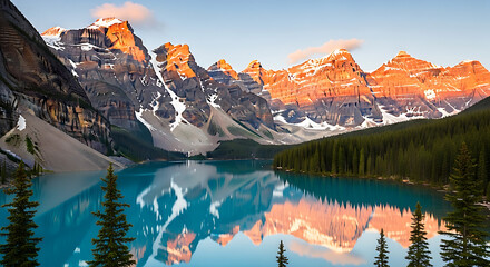 Moraine Lake Sunrise with Turquoise Water and Ten Peaks Reflection