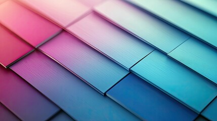 Close-up of a series of metallic tiles arranged in a diagonal pattern, featuring a gradient of colors from pink to blue, with soft lighting.