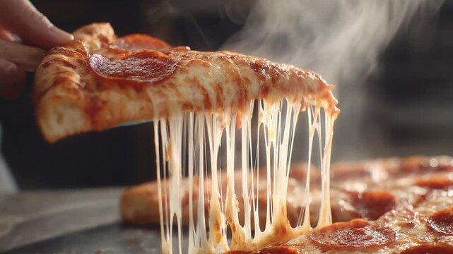 Delicious hot pepperoni pizza slice with stringy melted cheese stretching. tempting and satisfying food meal, with its appetizing gooey texture, creates perfect moment for eating