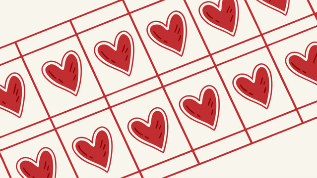 Hearts arranged in a grid pattern with a white background and red lines and heart outlines