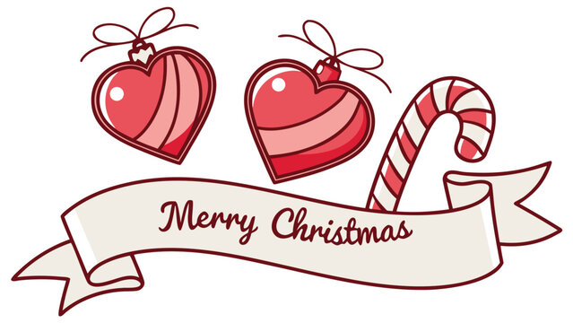 Illustration of heart ornaments, candy cane, and merry christmas banner on a white background - Powered by Adobe