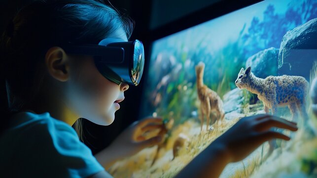 Young girl exploring virtual reality wildlife simulation with modern headset technology
