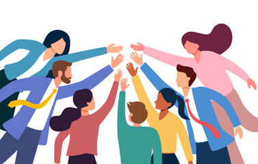 Team, community hands reaching together for support and unity. Diverse multicultural group, people society bonding in solidarity and cooperation.